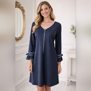 Sharagano Navy Blue Classic Nautical Bell Sleeve Preppy Sheath Dress Size 6